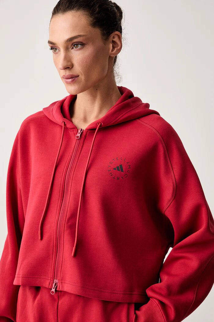 adidas by Stella McCartney суичър с цип и качулка дамски с памук червен KR6288