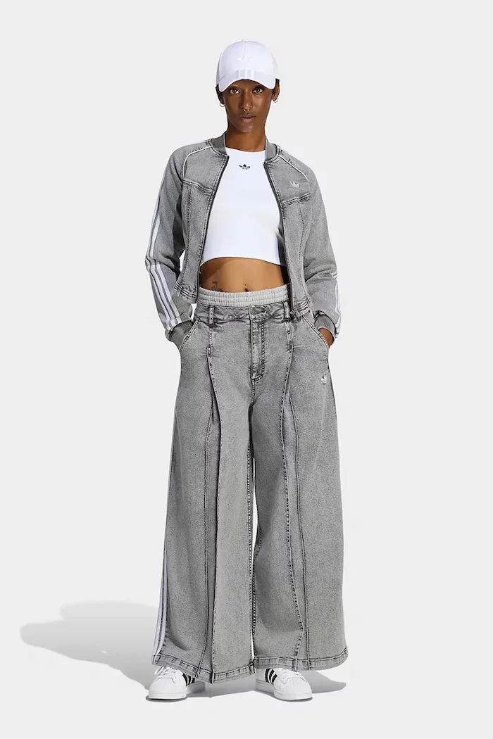 adidas Originals дънки wide leg дамски Denim Pleats сиви LF3777