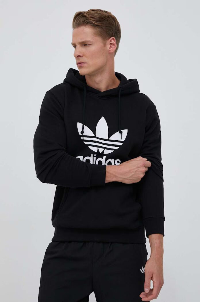 adidas Originals Памучен суичър Classics Trefoil Hoodie в черно с качулка принт IM4489