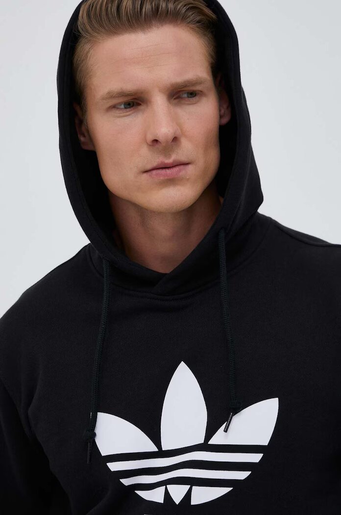 adidas Originals Памучен суичър Classics Trefoil Hoodie в черно с качулка принт IM4489