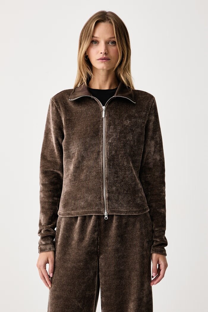 adidas Originals пуловер със закопчаване дамски Chenille Zip Up кафяв LF6540