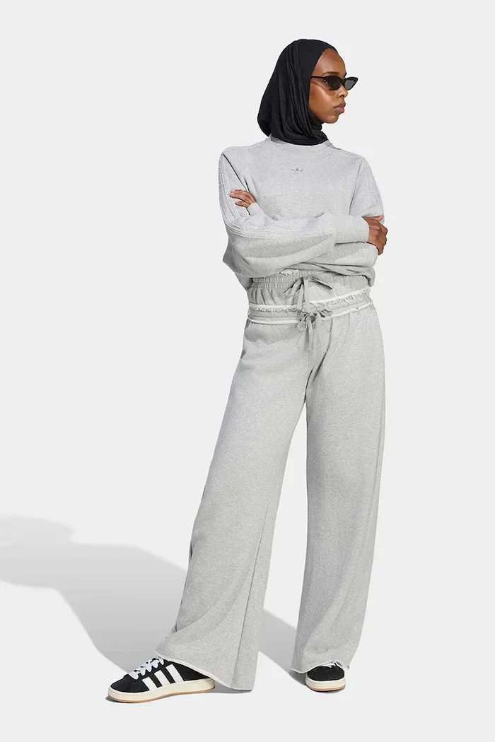 adidas Originals широк панталон дамски от памук SST Double сив с висока талия KT1932
