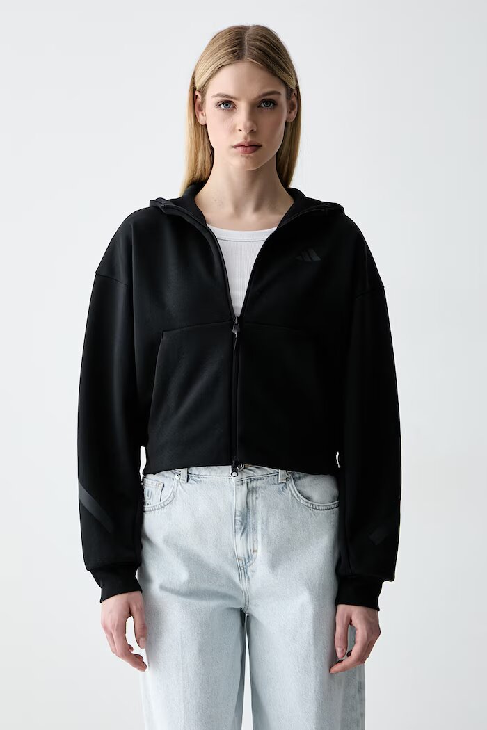 adidas суичър с цип и качулка дамски с памук Z.N.E черен KF6392