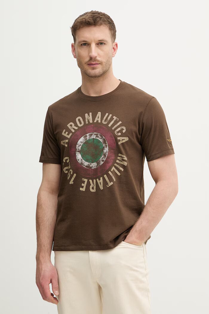 Aeronautica Militare Памучна тениска в кафяво с принт TS2538UJ00727