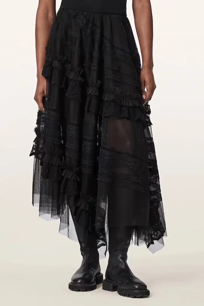 AllSaints асиметрична пола JEN черна с дантелени вложки W084RE