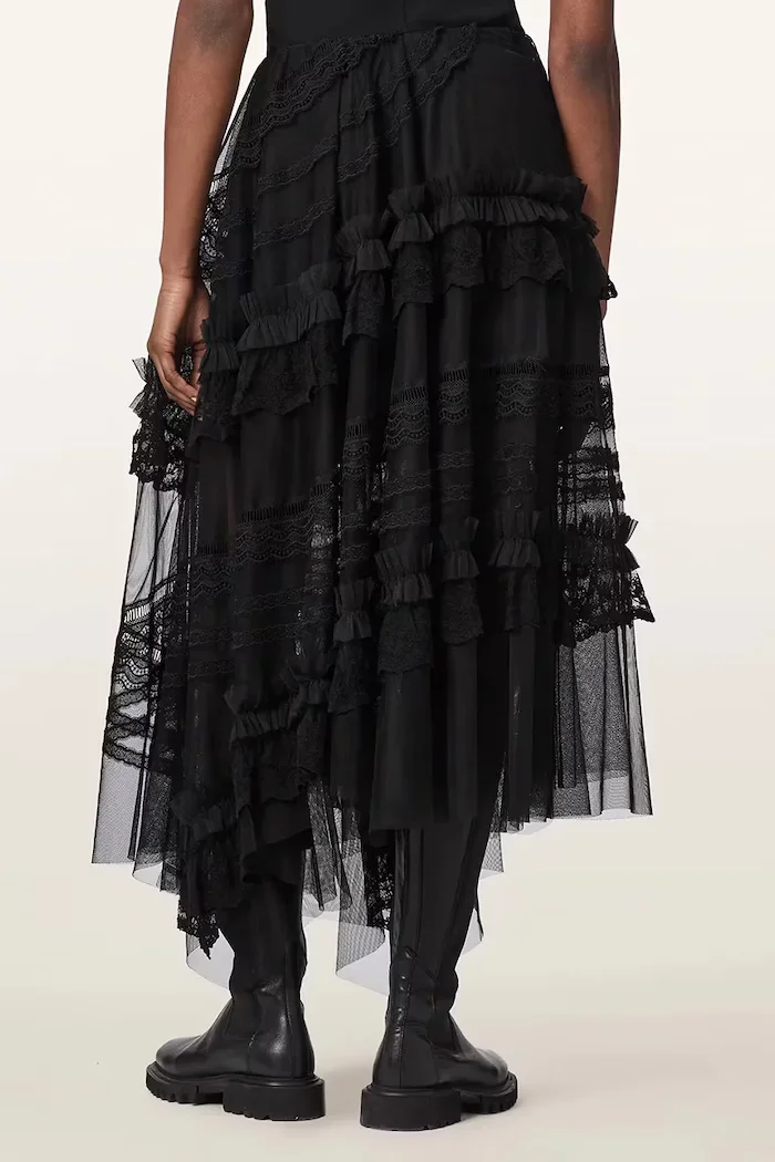 AllSaints асиметрична пола JEN черна с дантелени вложки W084RE