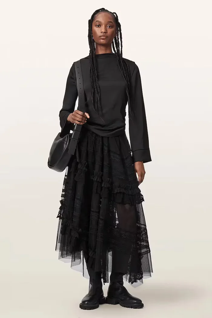 AllSaints асиметрична пола JEN черна с дантелени вложки W084RE