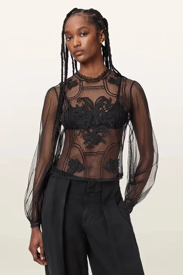 AllSaints блуза дамска CESCA черна с дантелени вложки W043PF