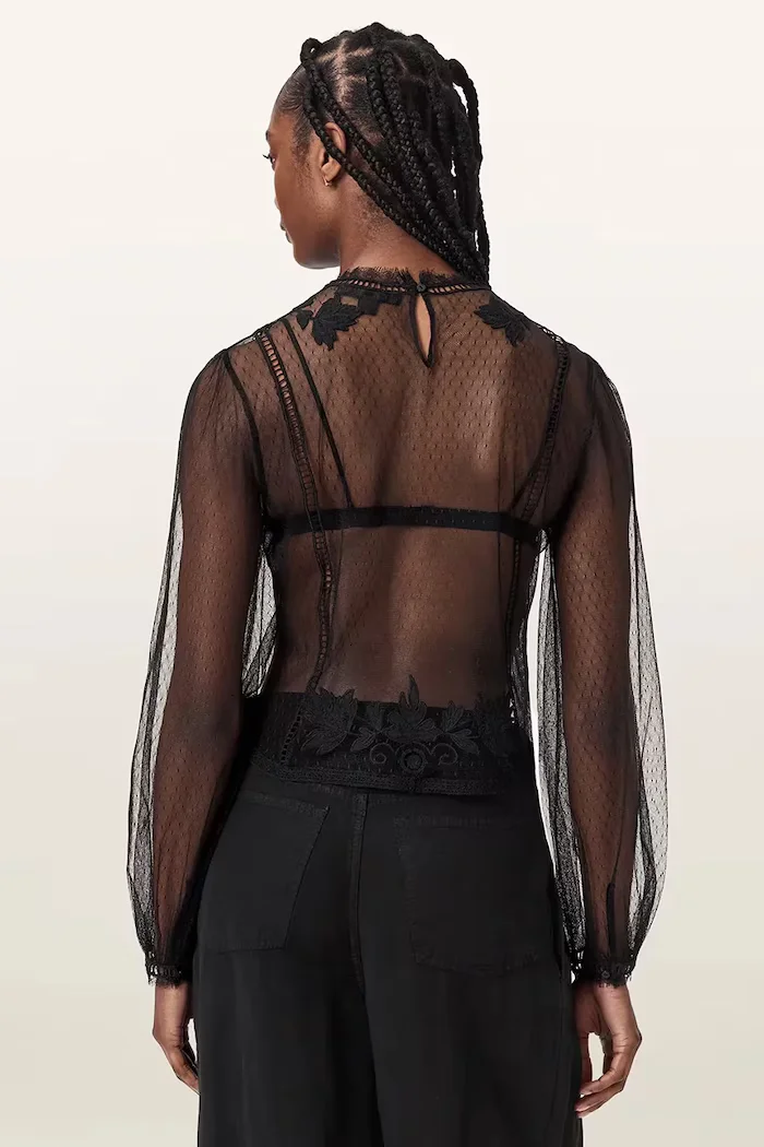 AllSaints блуза дамска CESCA черна с дантелени вложки W043PF