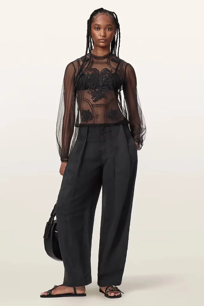 AllSaints блуза дамска CESCA черна с дантелени вложки W043PF