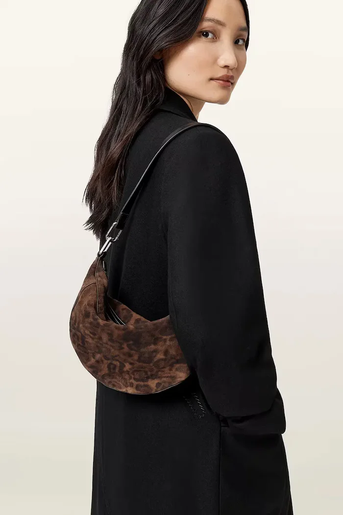 AllSaints чанта тип хобо дамска от велур LUNA кафява W681XD