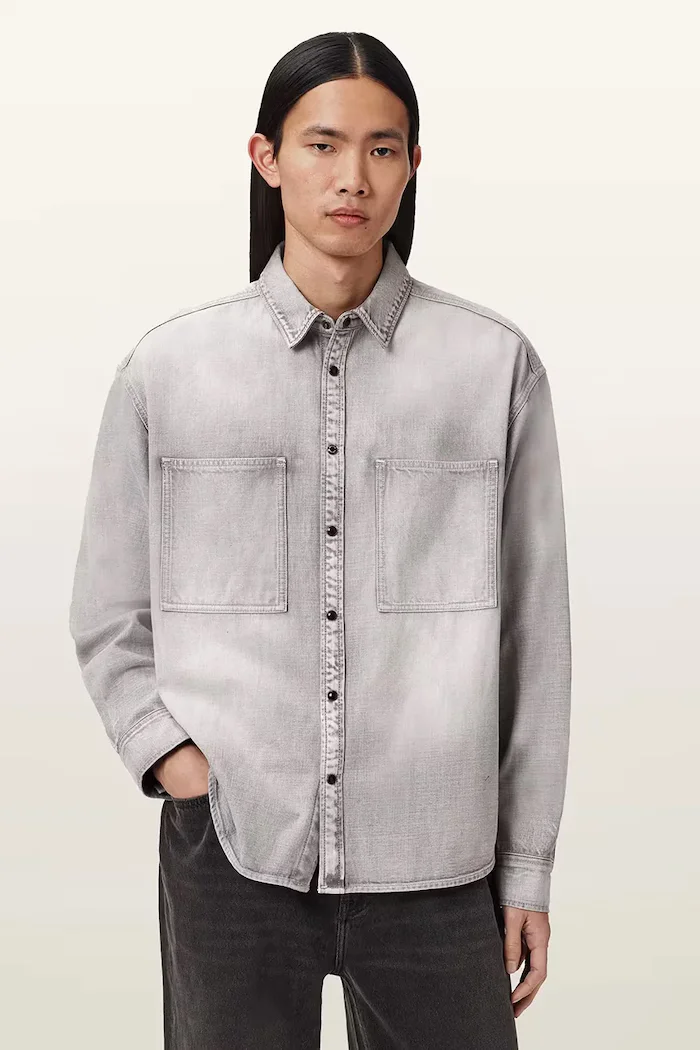 AllSaints Дънкова риза AL в сиво със свободна кройка с класическа яка M088SD