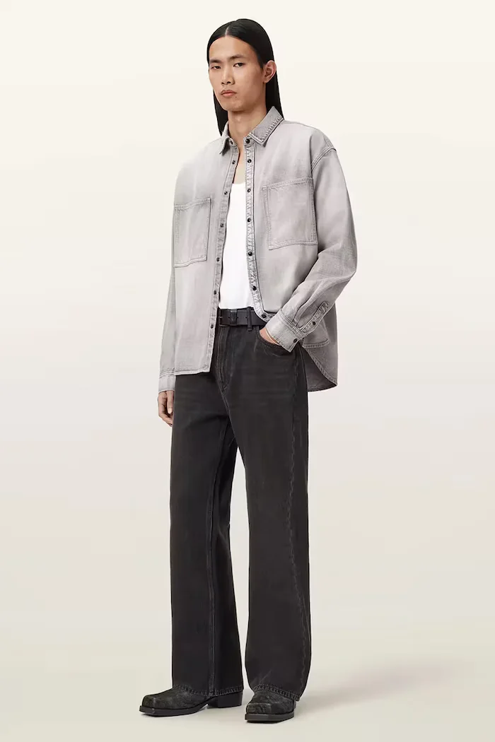 AllSaints Дънкова риза AL в сиво със свободна кройка с класическа яка M088SD