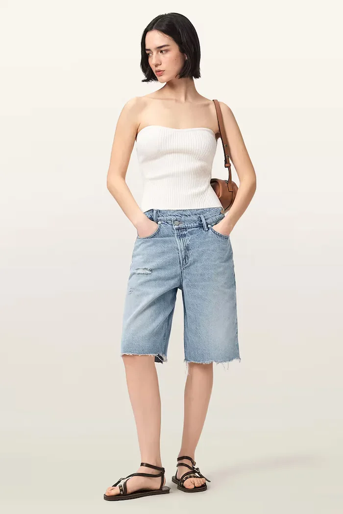 AllSaints къс панталон дамски от деним AKI син W053EE