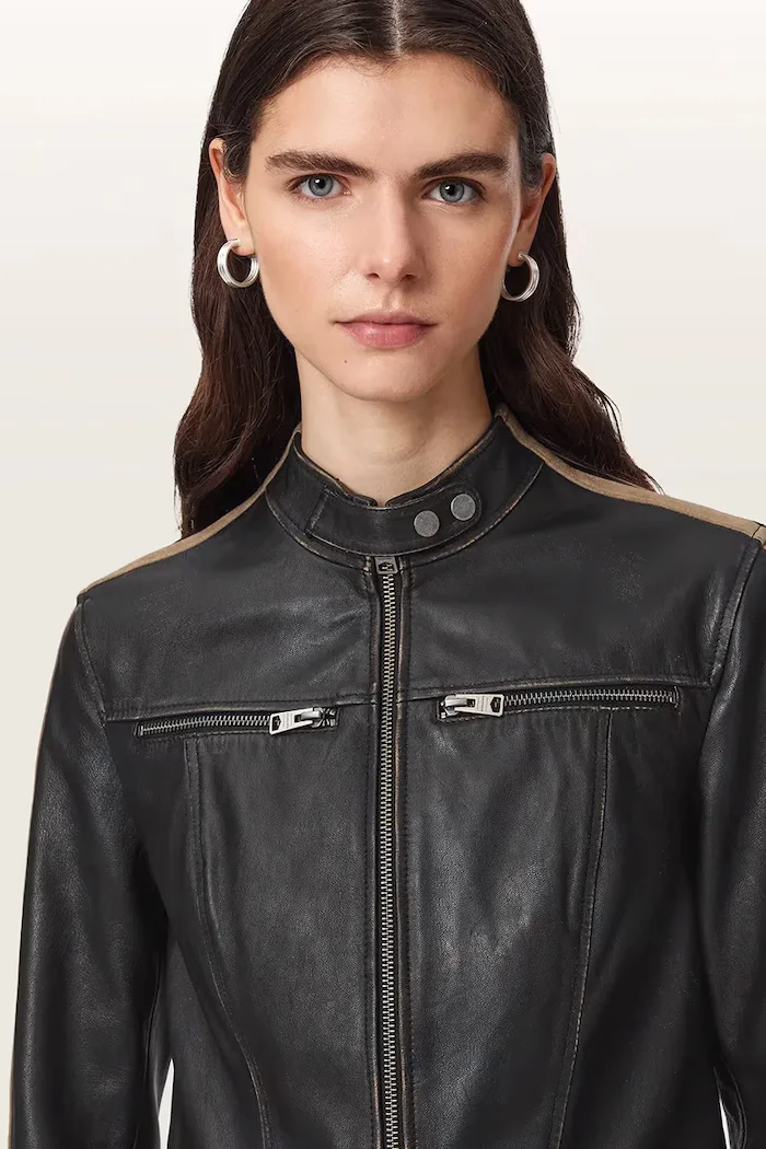 AllSaints късо дамско кожено яке TIGGY LEATHER JACKET черно W088LE