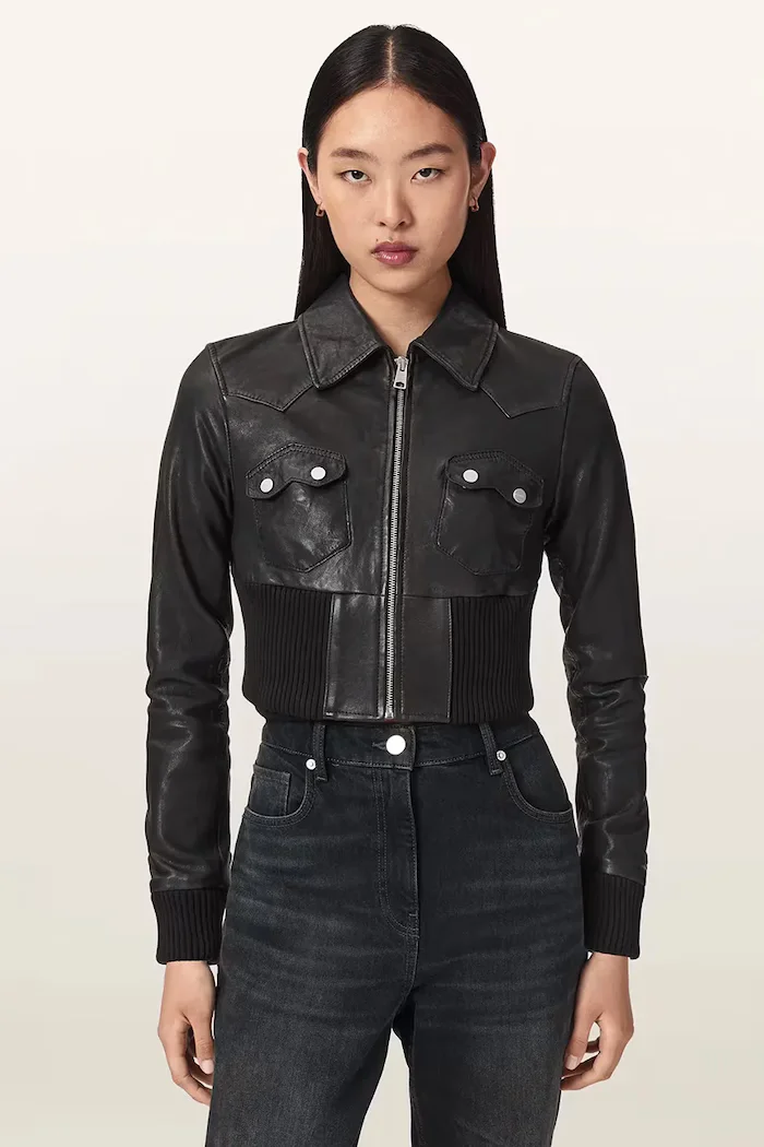 AllSaints късо яке дамско от кожа LENA черно W044LE