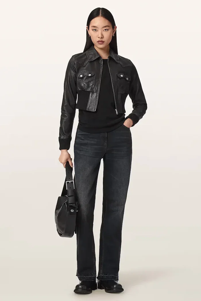 AllSaints късо яке дамско от кожа LENA черно W044LE