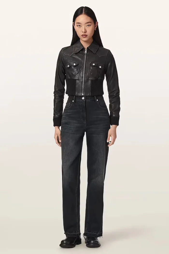 AllSaints късо яке дамско от кожа LENA черно W044LE