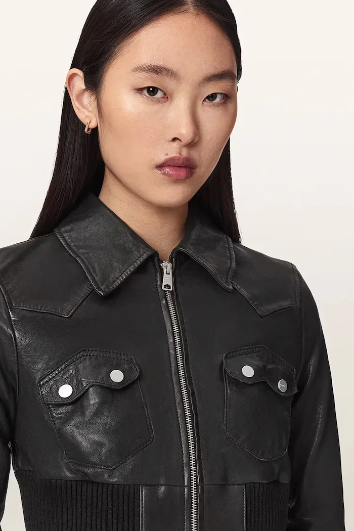 AllSaints късо яке дамско от кожа LENA черно W044LE