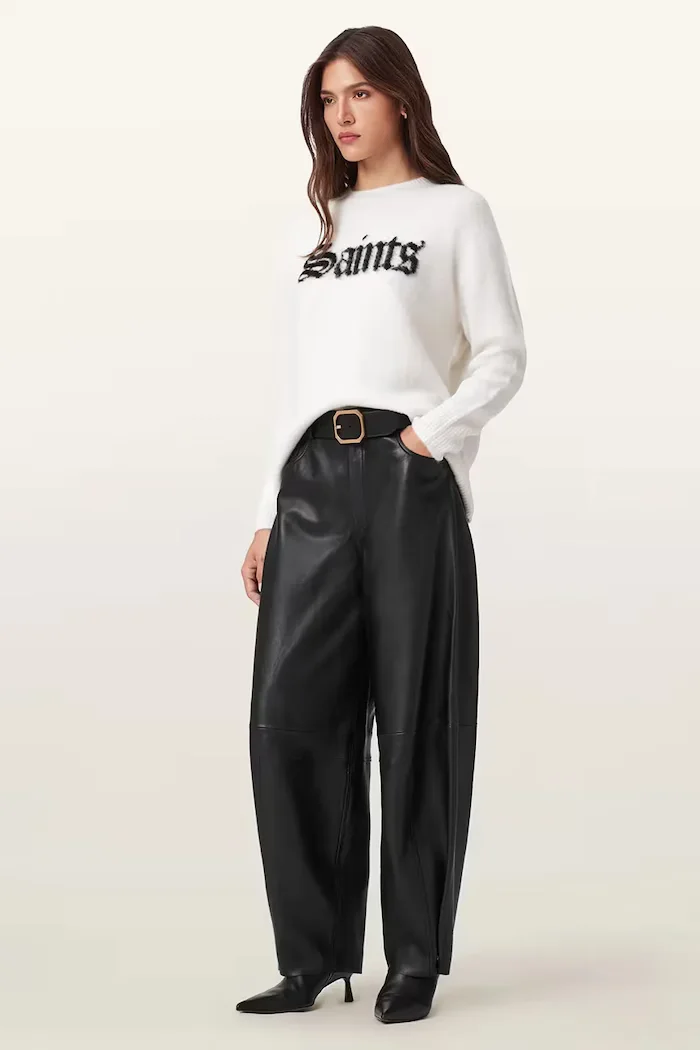 AllSaints Кожен панталон JETT в черно с широка каройка с висока талия W026TD