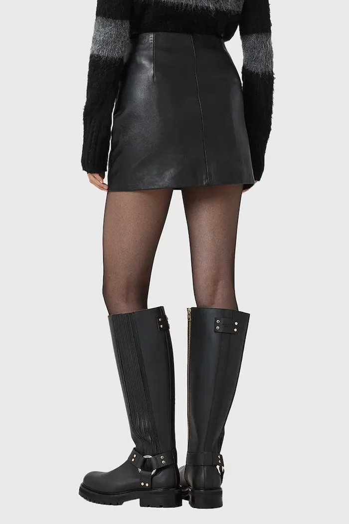 AllSaints Кожена пола RENAI в черно къса със стандартна кройка W020RB