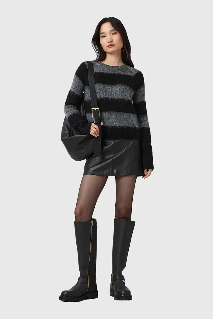 AllSaints Кожена пола RENAI в черно къса със стандартна кройка W020RB
