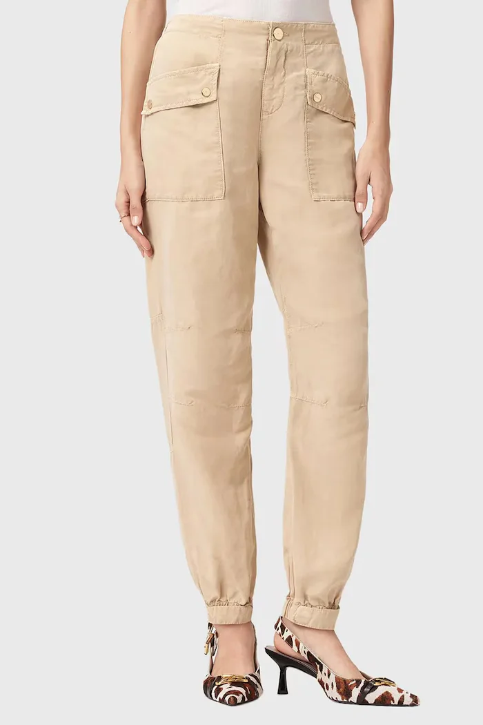 AllSaints Ленен панталон VAL в кафяво със стандартна кройка с висока талия W032TE