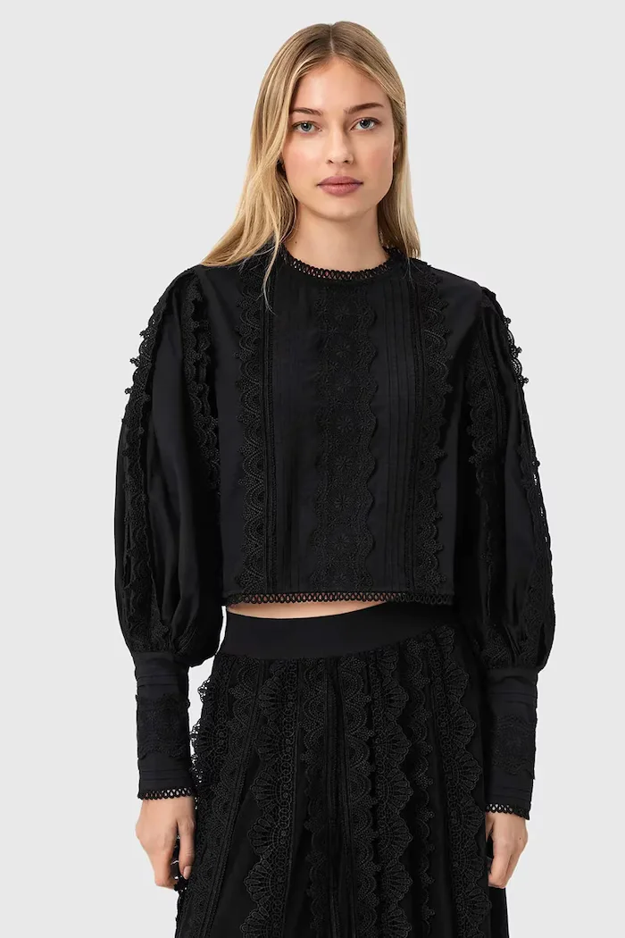 AllSaints Памучна блуза HART дамска в черно с изчистен дизайн W052PE
