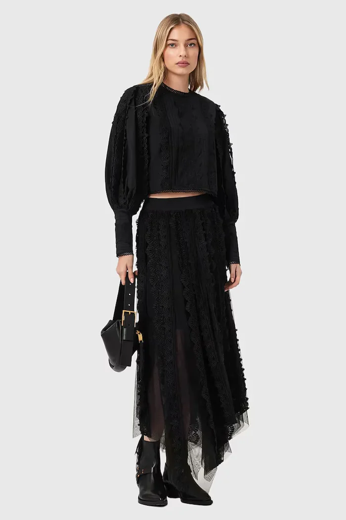 AllSaints Памучна блуза HART дамска в черно с изчистен дизайн W052PE