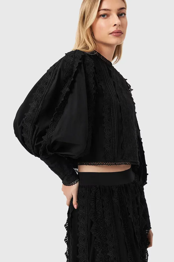 AllSaints Памучна блуза HART дамска в черно с изчистен дизайн W052PE