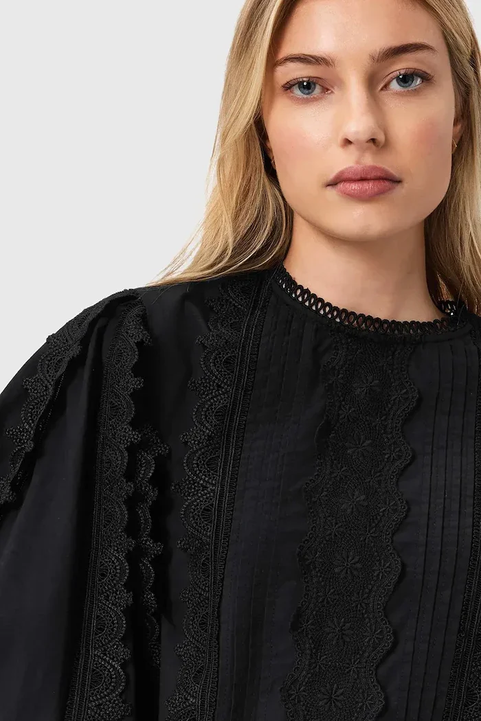 AllSaints Памучна блуза HART дамска в черно с изчистен дизайн W052PE