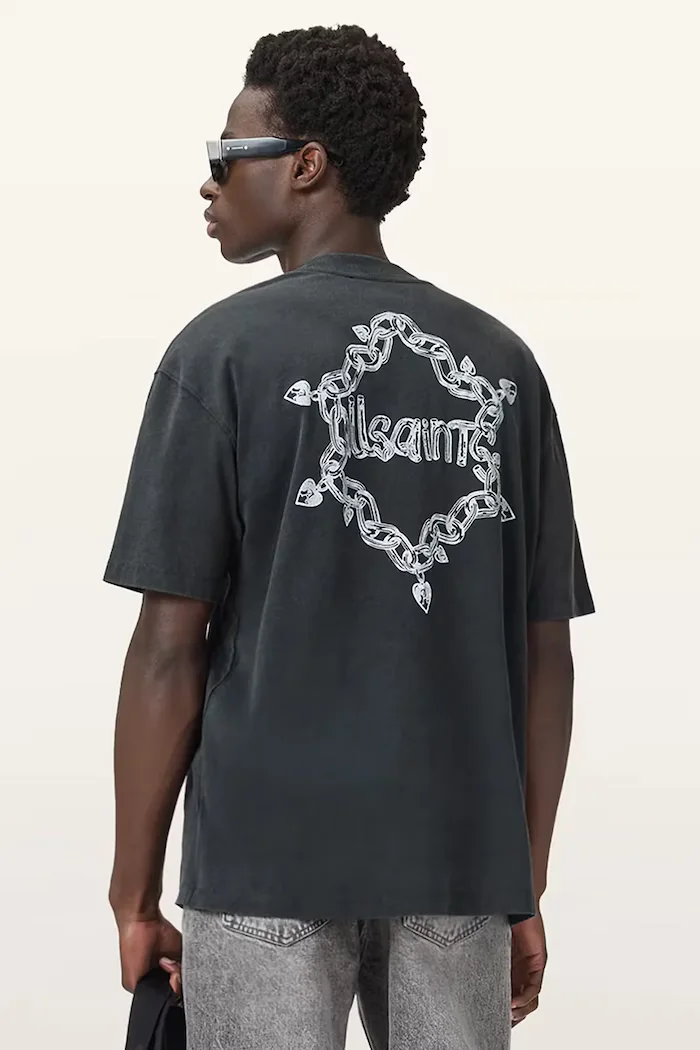 AllSaints Памучна тениска DRIP в черно с принт M005PD