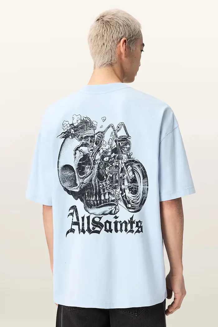 AllSaints Памучна тениска PANHEAD в синьо с принт M021PE