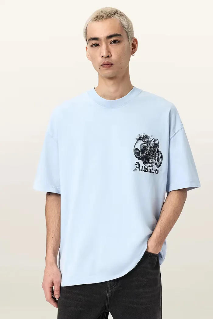 AllSaints Памучна тениска PANHEAD в синьо с принт M021PE