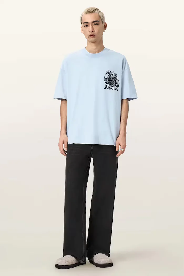 AllSaints Памучна тениска PANHEAD в синьо с принт M021PE