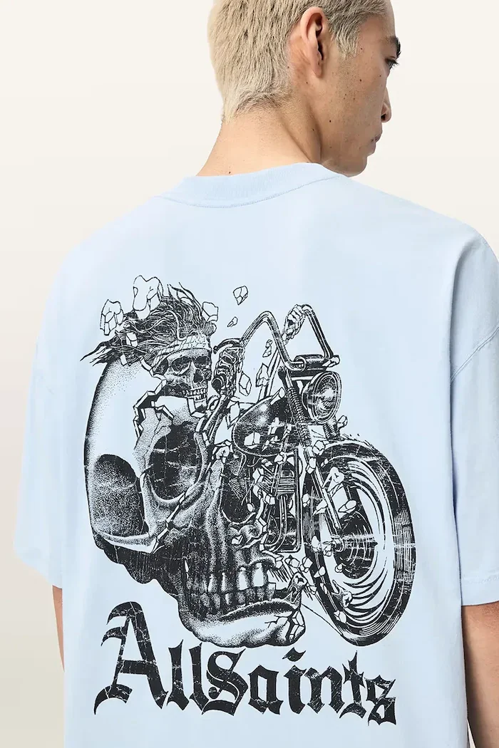 AllSaints Памучна тениска PANHEAD в синьо с принт M021PE
