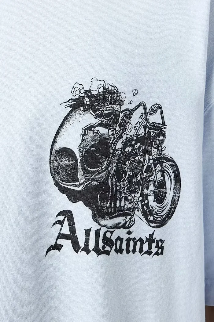 AllSaints Памучна тениска PANHEAD в синьо с принт M021PE
