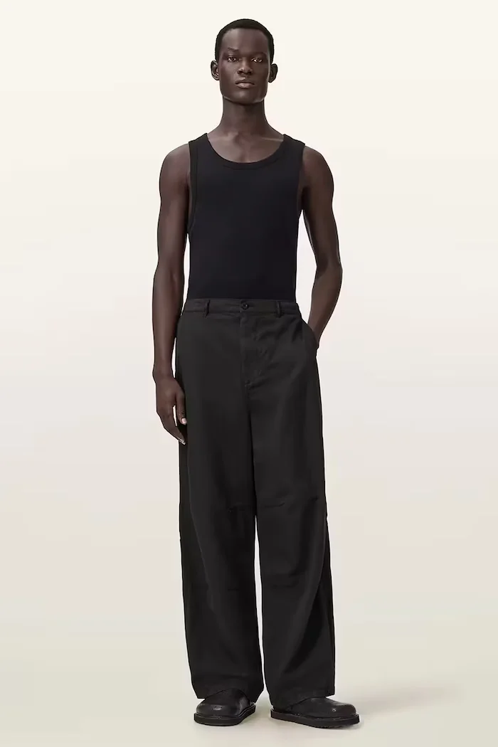 AllSaints панталон мъжки с лен ECHO черен M032TE