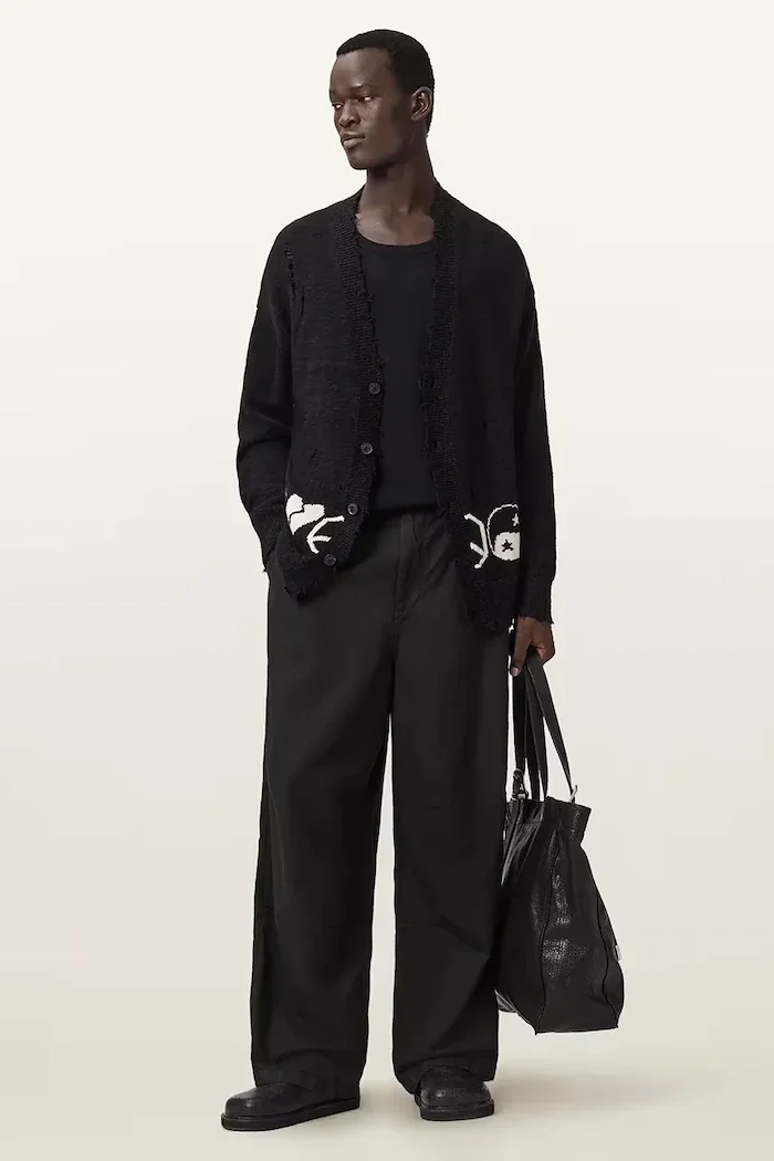 AllSaints панталон мъжки с лен ECHO черен M032TE