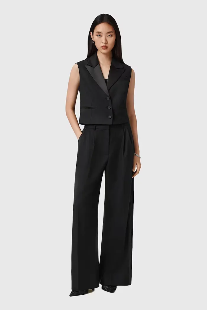 AllSaints Панталон с вълна в черно с широка каройка с висока талия W052QD