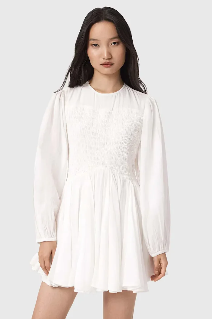 AllSaints разкроена памучна рокля CHIA бяла W014DE
