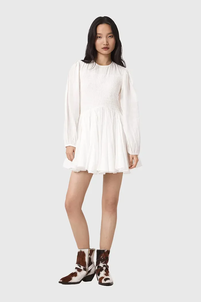 AllSaints разкроена памучна рокля CHIA бяла W014DE