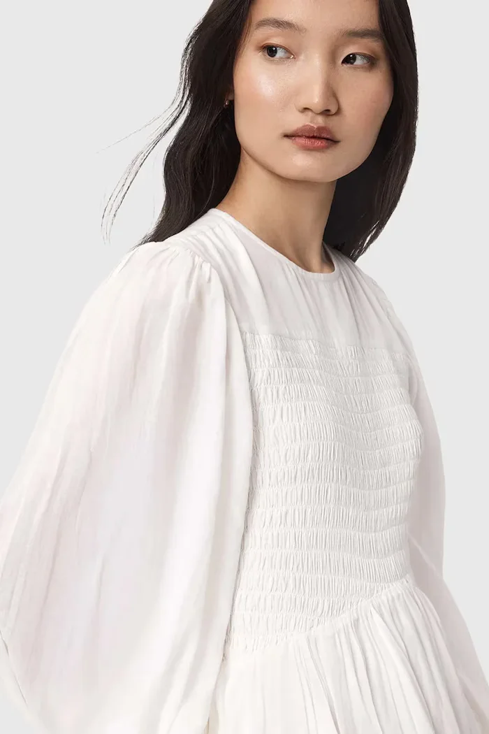 AllSaints разкроена памучна рокля CHIA бяла W014DE