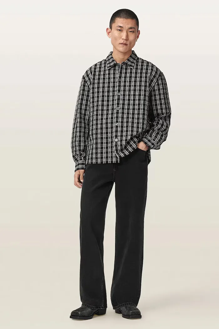 AllSaints риза мъжка от памук CASBAH черна на каре M009SF