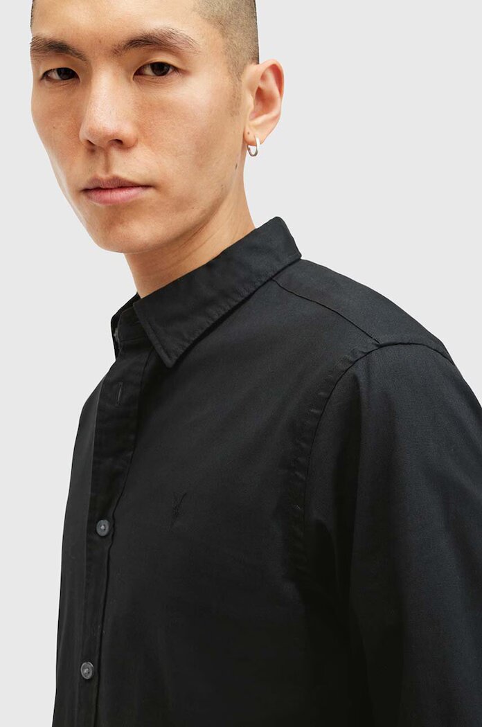 AllSaints риза мъжка от памук с еластан HAWTHORNE LS SHIRT черна M150SB
