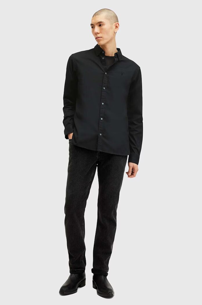 AllSaints риза мъжка от памук с еластан HAWTHORNE LS SHIRT черна M150SB