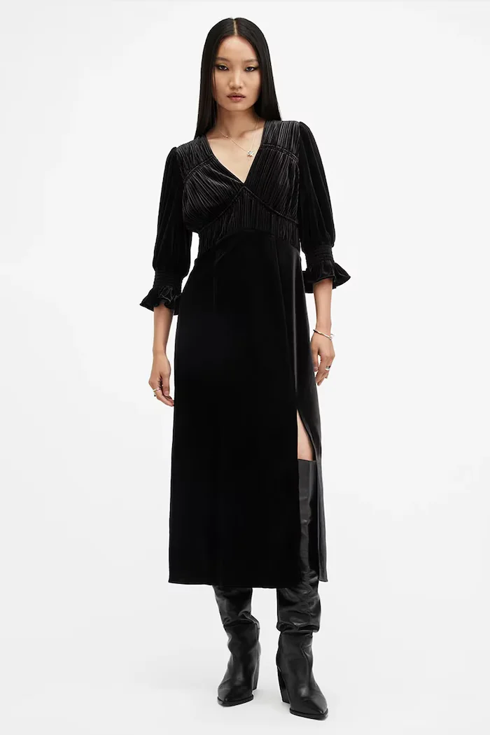 AllSaints Рокля ANI VELVET в черно среднодълга със стандартна кройка W143DB