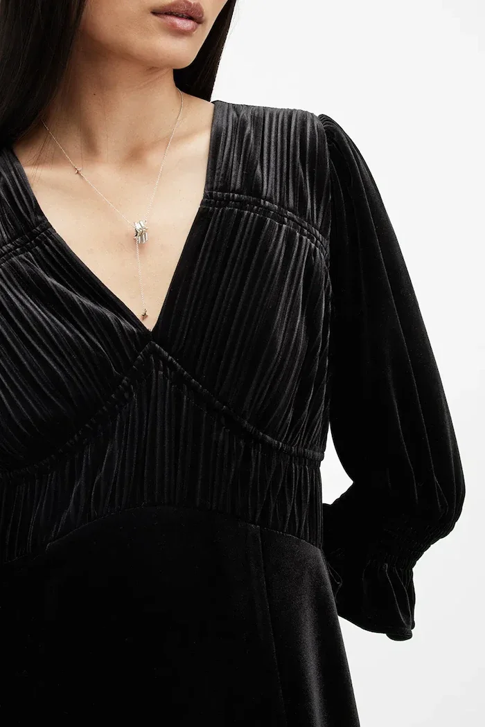 AllSaints Рокля ANI VELVET в черно среднодълга със стандартна кройка W143DB