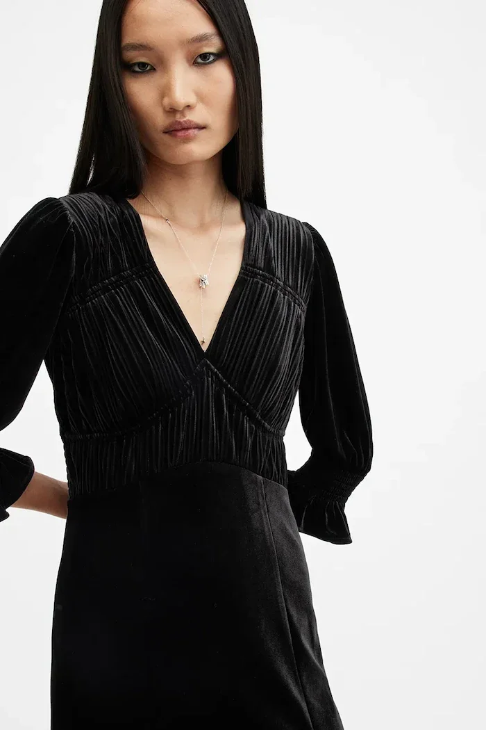AllSaints Рокля ANI VELVET в черно среднодълга със стандартна кройка W143DB