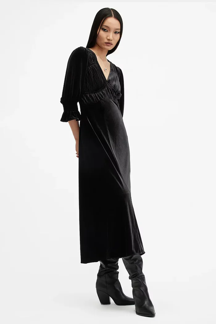 AllSaints Рокля ANI VELVET в черно среднодълга със стандартна кройка W143DB